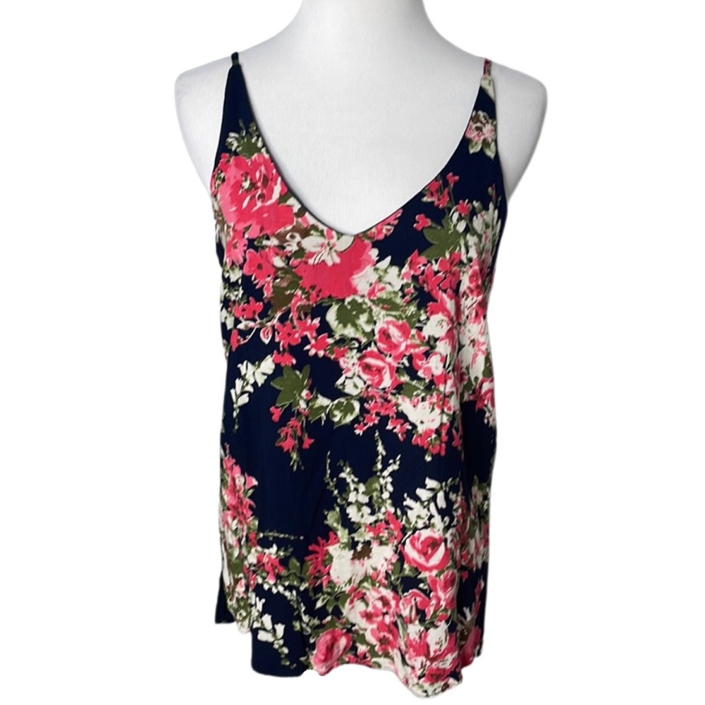 Miss Love Navy Blue and Pink Floral Print V-Neck Sleeveless Top
